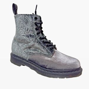 Dr Martens Brocade Velvet Lace Up Combat Boots Grey Silver Paisley Women's 8